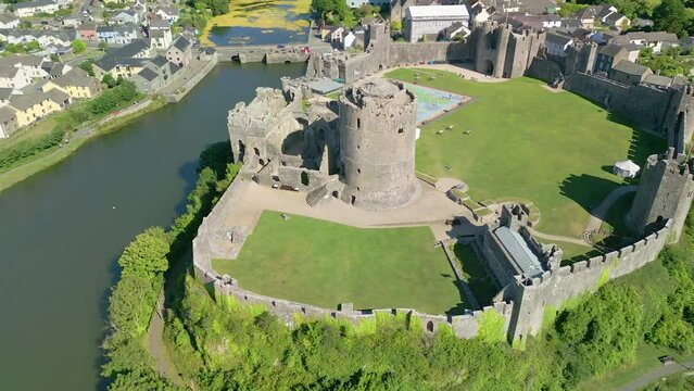 Aerial view of the ruins of an ancient Norman era castle (Pembroke)
