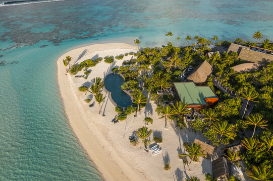 Onetahi, French Polynesia - 14 November 2022: Aerial view of The Brando luxury resort on the beach.