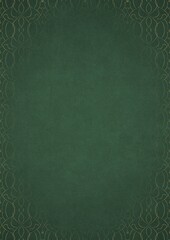 Warm green textured paper with vignette of golden hand-drawn pattern. Copy space. Digital artwork, A4. (pattern: p08-1f)