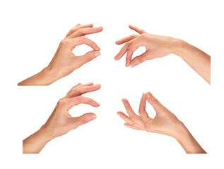 Female, women's hands, fingers and thumb pinching as if holding something isolated against a...