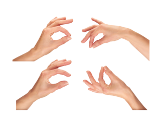 Female, women's hands, fingers and thumb pinching as if holding something isolated against a transparent background.