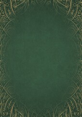 Warm green textured paper with vignette of golden hand-drawn pattern. Copy space. Digital artwork, A4. (pattern: p08-2d)