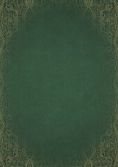 Naklejka premium Warm green textured paper with vignette of golden hand-drawn pattern. Copy space. Digital artwork, A4. (pattern: p09e)
