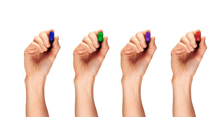 Female, women's hands holding a coloured marker pen as if writing a message isolated against a transparent background.