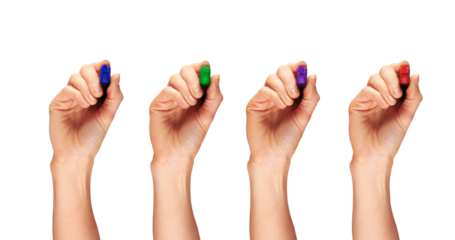 Female, women's hands holding a coloured marker pen as if writing a message isolated against a transparent background.