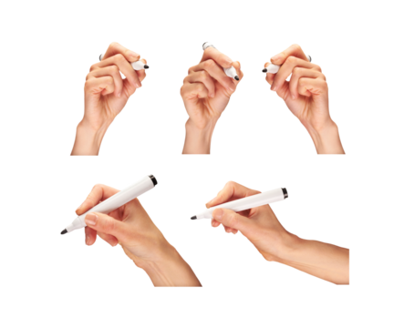 Female, women's hands holding a black marker pen as if writing a message isolated against a transparent background.