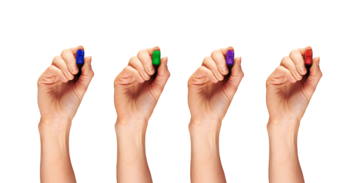 Female, women's hands holding a coloured marker pen as if writing a message isolated against a transparent background.