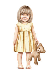 Watercolor imaginary character cute little girl with blonde hair in yellow dress stand and holding plush teddy bear toy isolated on white background. Hand drawn illustration sketch