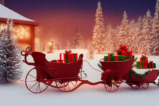 Santa's Christmas sleigh with gifts, new year concept. Abstract illustration for background, design, template, banner