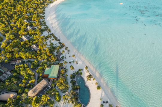 Onetahi, French Polynesia - 14 November 2022: Aerial view of The Brando luxury resort on the beach.