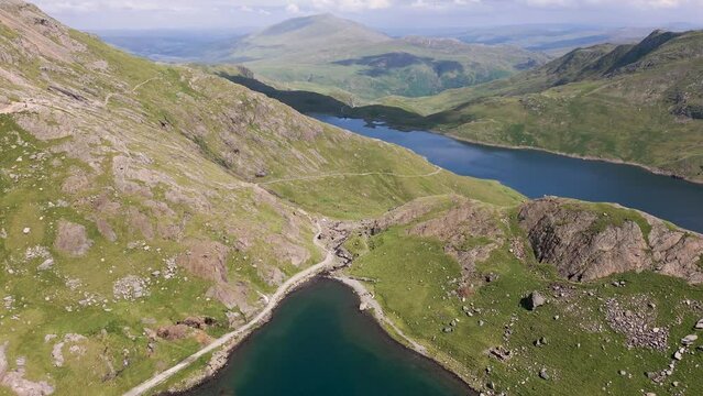 Aerial view of mountain lakes and hiking trails (Snowdonia)