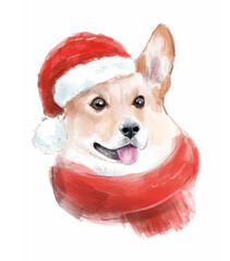 Christmas dog illustration, Merry Christmaswatercolor painting of cute dog with accessories like a knitted hats, sweaters, scarfs