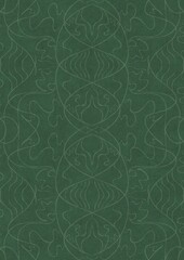 Hand-drawn unique abstract symmetrical seamless ornament. Bright semi transparent green on a deep warm green background. Paper texture. Digital artwork, A4. (pattern: p02-1d)