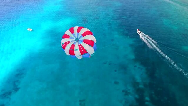 Parasailing aerial view. A couple paraskiing at tropical beach in bright day. 