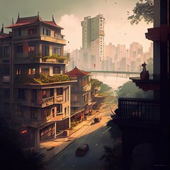 Stunning illustration of Street of Hanoi. Asian city street. Beautiful illustration generated by Ai.