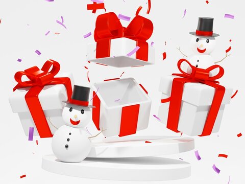 3D rendering,concept of christmas ,snowmen and white gift box open with red pastel ribbon bow isolated on a white background. 3d render modern holiday surprise box.