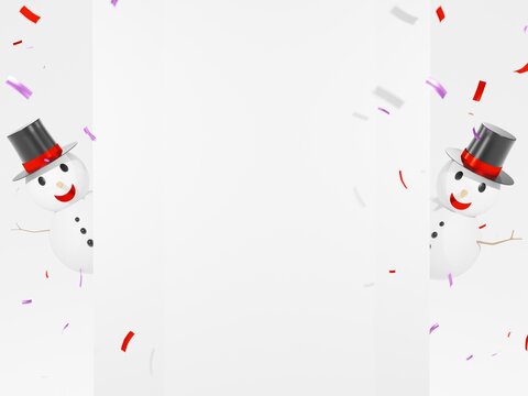 3D rendering,concept of christmas ,snowmen with Free space to write a message on a white background. 3d render modern holiday surprise concept.