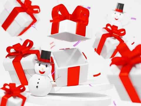 3D rendering,concept of christmas ,snowmen and white gift box open with red pastel ribbon bow isolated on a white background. 3d render modern holiday surprise box.