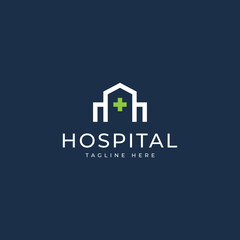 Hospital Logo. House with Cross Plus Sign Combination isolated on white Background.