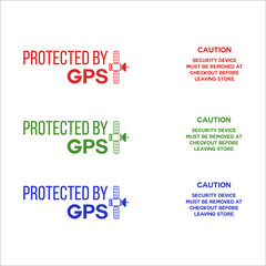 Protected by GPS ( Red, green, blue colours ).  It includes 3 stickers. They have the text: protected by GPS, GPS Security.. GPS tracking system. DECAL