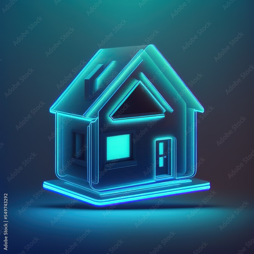 Poster minimal house symbol illuminated by neon light. electronic isolated on a blue background. ai