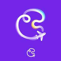 Letter C logo made of one gradient line with plane icon and rainbow shine. Overlapping multicolor emblem.