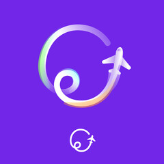 Number zero logo made of one gradient line with plane icon and rainbow shine. Overlapping multicolor emblem.