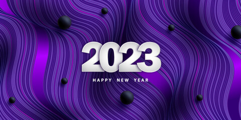 Happy new year 2023. Festive wavy background with 3D numbers. Violet backdrop. Poster with flow lines and pearls. Holiday banner. Vector illustration. Design flyer, wallpaper. Stock.