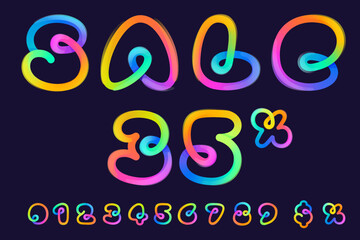 Rainbow gradient Sale banner with number set made of one line. Overlapping multicolor emblems with glossy shine.