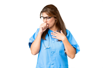 Middle age nurse woman over isolated background is suffering with cough and feeling bad