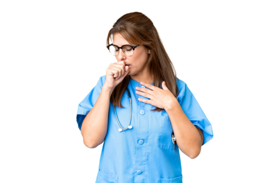 Middle age nurse woman over isolated background is suffering with cough and feeling bad