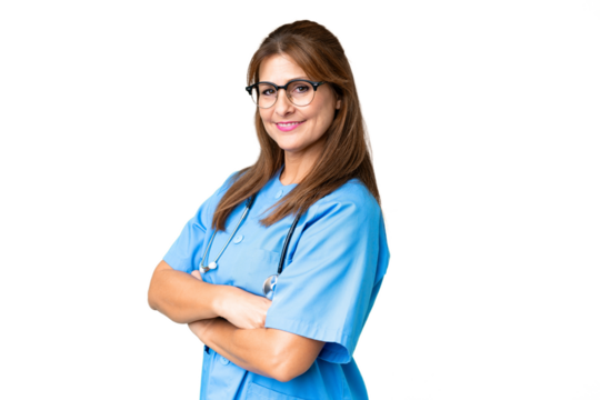 Middle age nurse woman over isolated background with arms crossed and looking forward