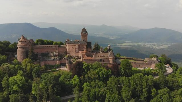 Aerial view of the Haut-Koenigsburg castle in the Vosges mountains. Main tourist attraction of Alsace, France.