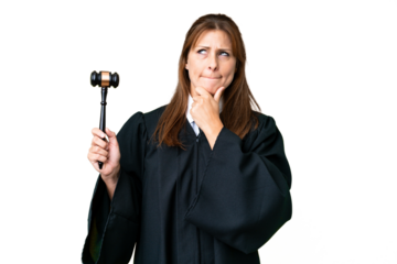 Judge caucasian woman over isolated background having doubts and thinking