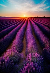 purple lavender field at sunset, colorful, way, horizon, bright, summer, fictional landscape made with generative ai