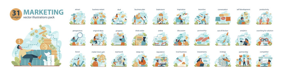 Marketing conceptions big set. Commercial project launching and promotion.