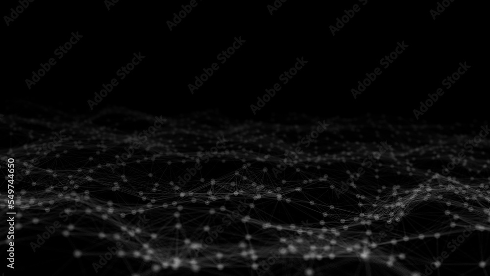 Poster wave of digital particles on a black background. abstract interlacing lines and points. digital conn