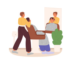 Professional barber doing hairdo to male client in barbershop. Hairstylist work in hairstyle salon