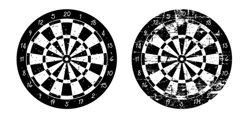 Cartoon old dart board symbol. Dartboard icon. color and twenty, black, green or white game board and darts game. goal target competition sign. Sports equipment and arrows. Throw single, double or tri