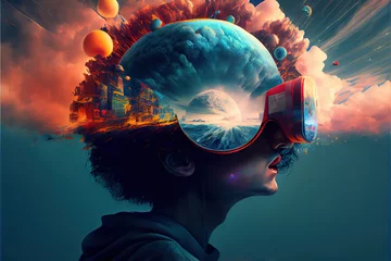 Fotobehang vr headset, double exposure, metaverse, futuristic virtual world, state of consciousness, technology © kaal.uk