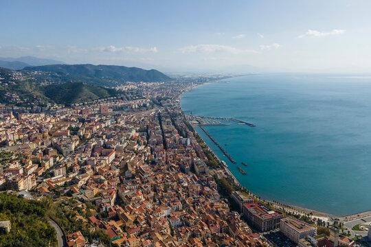 Aerial view of Salerno downtown along the Mediterranean Sea coastline, Salerno, Campania, Italy.