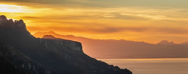 Panoramic view of the scenic sunrise in Ravello on the Amalfi Coast, Italy
