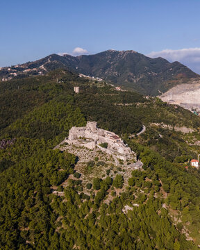 Aerial view of Arechi Castle on mountain top in Salerno, Campania, Italy.