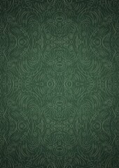 Hand-drawn unique abstract symmetrical seamless ornament. Bright green on a deep warm green with vignette of a darker background color. Paper texture. Digital artwork, A4. (pattern: p03d)
