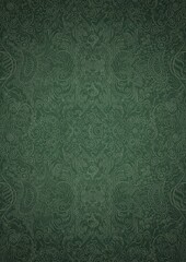 Hand-drawn unique abstract symmetrical seamless ornament. Bright green on a deep warm green with vignette of a darker background color. Paper texture. Digital artwork, A4. (pattern: p04d)