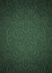 Hand-drawn unique abstract symmetrical seamless ornament. Bright green on a deep warm green with vignette of a darker background color. Paper texture. Digital artwork, A4. (pattern: p08-2d)