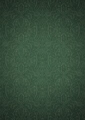 Hand-drawn unique abstract symmetrical seamless ornament. Bright green on a deep warm green with vignette of a darker background color. Paper texture. Digital artwork, A4. (pattern: p08-2e)