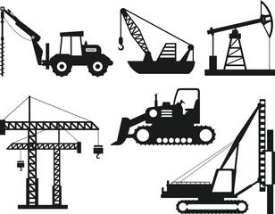 Set of isolated silhouettes of hoisting cranes on white background