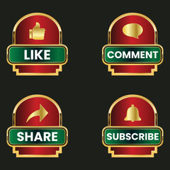 golden like comment share and subscribe icon button vector set