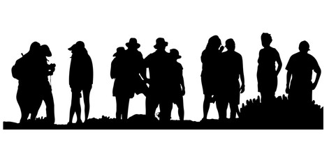 Silhouette of a group of friends on vacation on the edge of the hill.